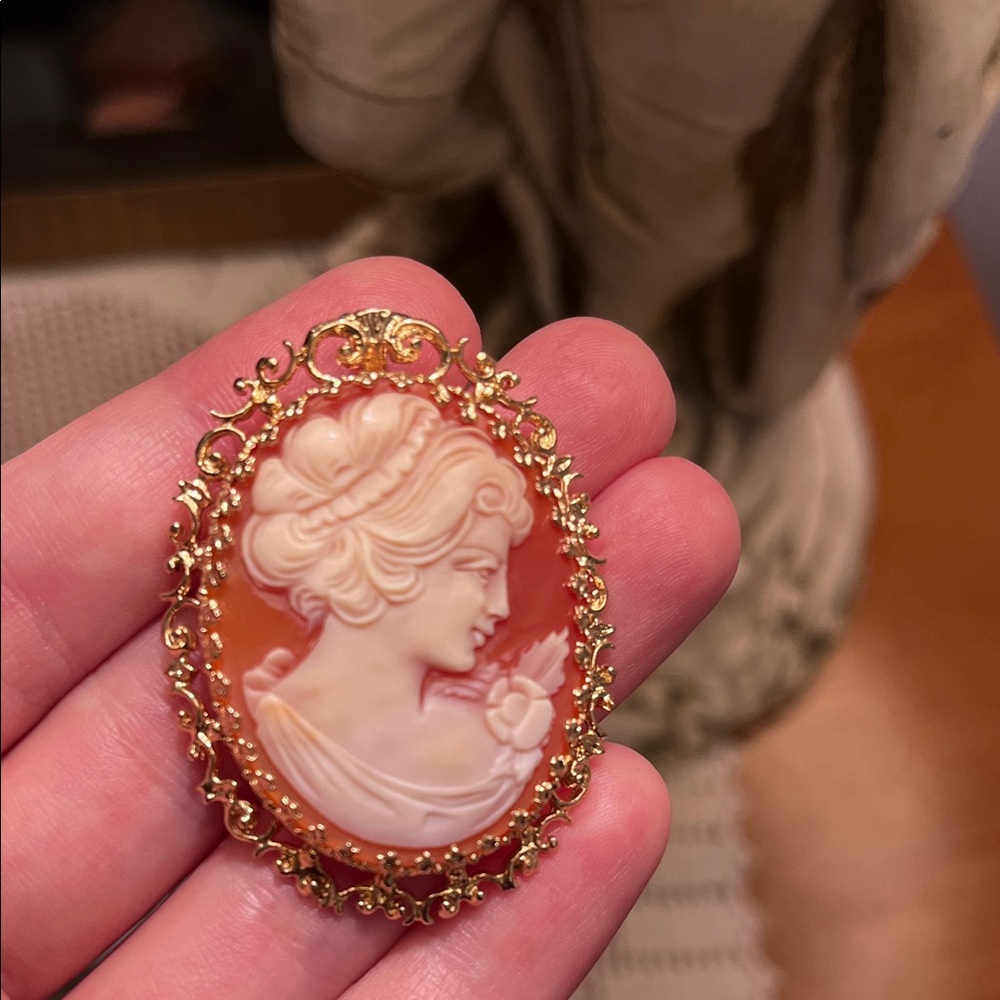Shell Cameo Large Pendant Brooch 14k Gold Pink Cream 4.5cm Carved Scroll details
